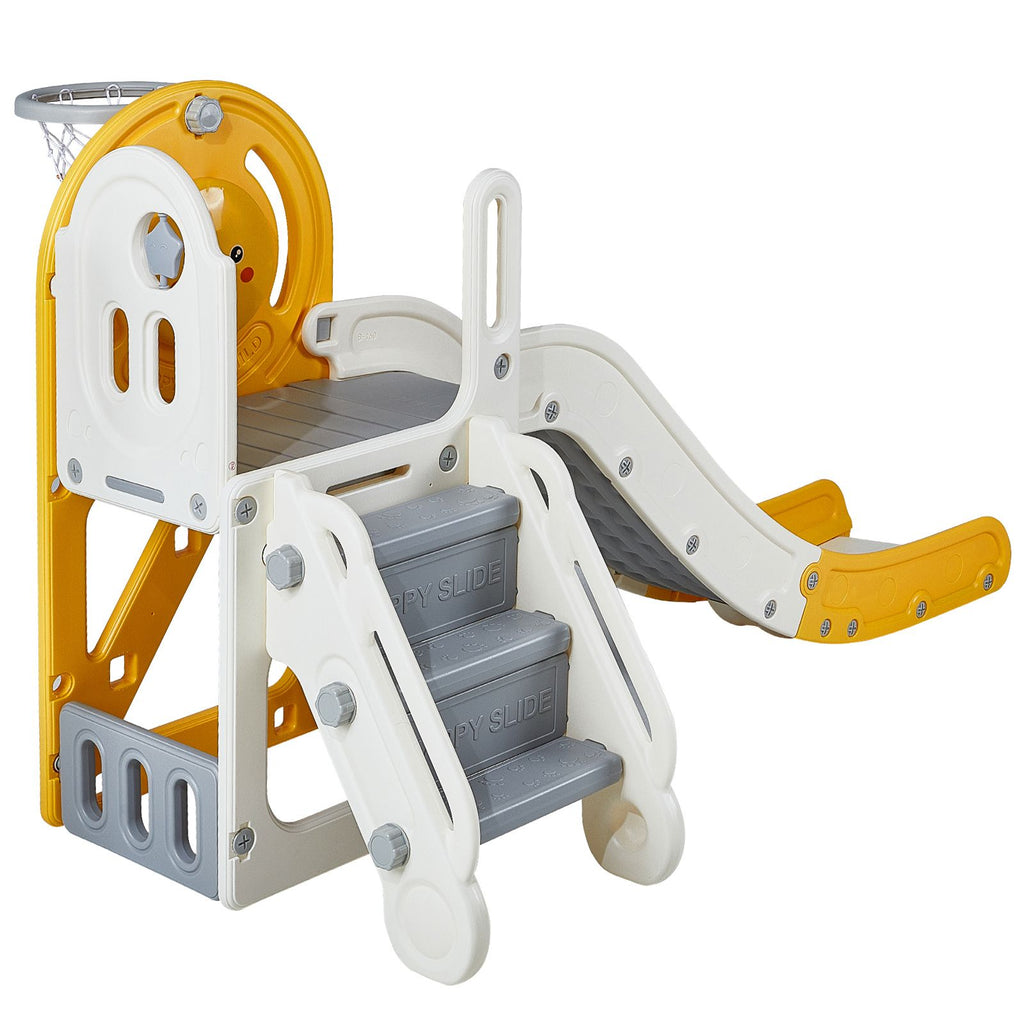 Toddler Slide, Kid Slide for Toddlers Age 1-3 w/Climbable Ladders & Basketball Hoop & Storage Space, Indoor Outdoor Slide Playset for Kids Within 110lbs, Toddler Playground w/Raised Handrail