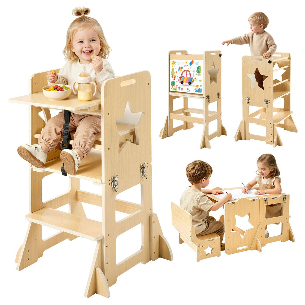 Toddler Tower, Wooden, 6 in 1 Kitchen Step Stool for Kids 1-5, Montessori Weaning Table and Chair Set, Learning Standing Tower with Blackboard & Feeding Tray, for Bathroom and Kitchen Counter