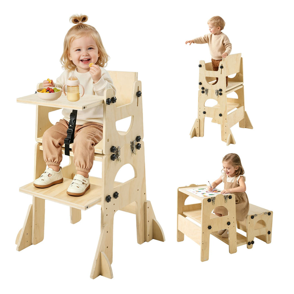 Toddler Tower, Wooden, Adjustable Kitchen Step Stool for Kids 1-5, Montessori Weaning Table and Chair Set, Learning Standing Tower with Chalkboard, Backrest, for Bathroom and Kitchen Counter