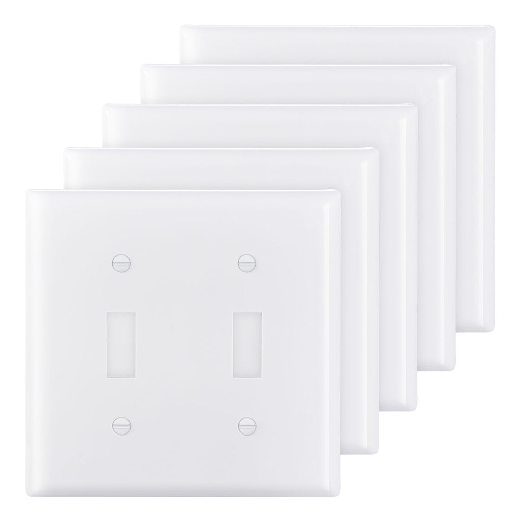 Toggle Light Switch Wall Plates, 2-Gang Switch Electrical Outlet Covers, Standard Size 4.61in L x 4.53in H Unbreakable Polycarbonate Thermoplastic Faceplate (5 Pack, White)