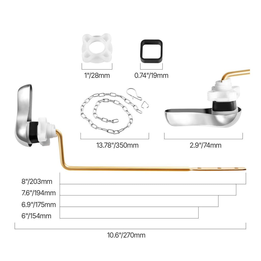 Toilet Handle Replacement Kit, Side Mount Universal Toilet Handle, Toilet Handle Lever with Stainless Steel Flapper Chain, Toilet Flush Handle Fits Various Toilet Tanks, Chrome Finish, Silver