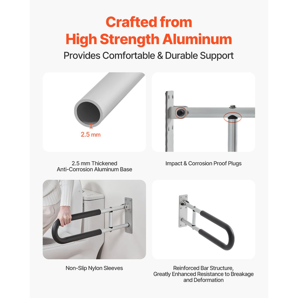 Toilet Safety Rail, 23.8 Inch U-Shaped Handicap Grab Bar, Foldable Senior Safety Pole, Flip Up Toilet Grab Bar with Anti-Slip Support Handle, 300 Lb Load Capacity for Elderly, Disabled, Pregnant