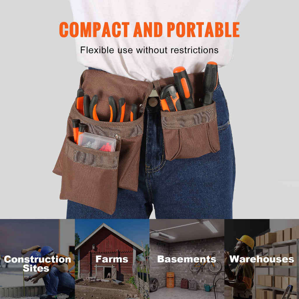 Tool Belt, Adjusts from 29 Inches to 54 Inches, Polyester Heavy Duty Tool Pouch Bag, Detachable Tool Bag for Electrician, Carpenter, Handyman, Woodworker, Construction, Framer, Brown