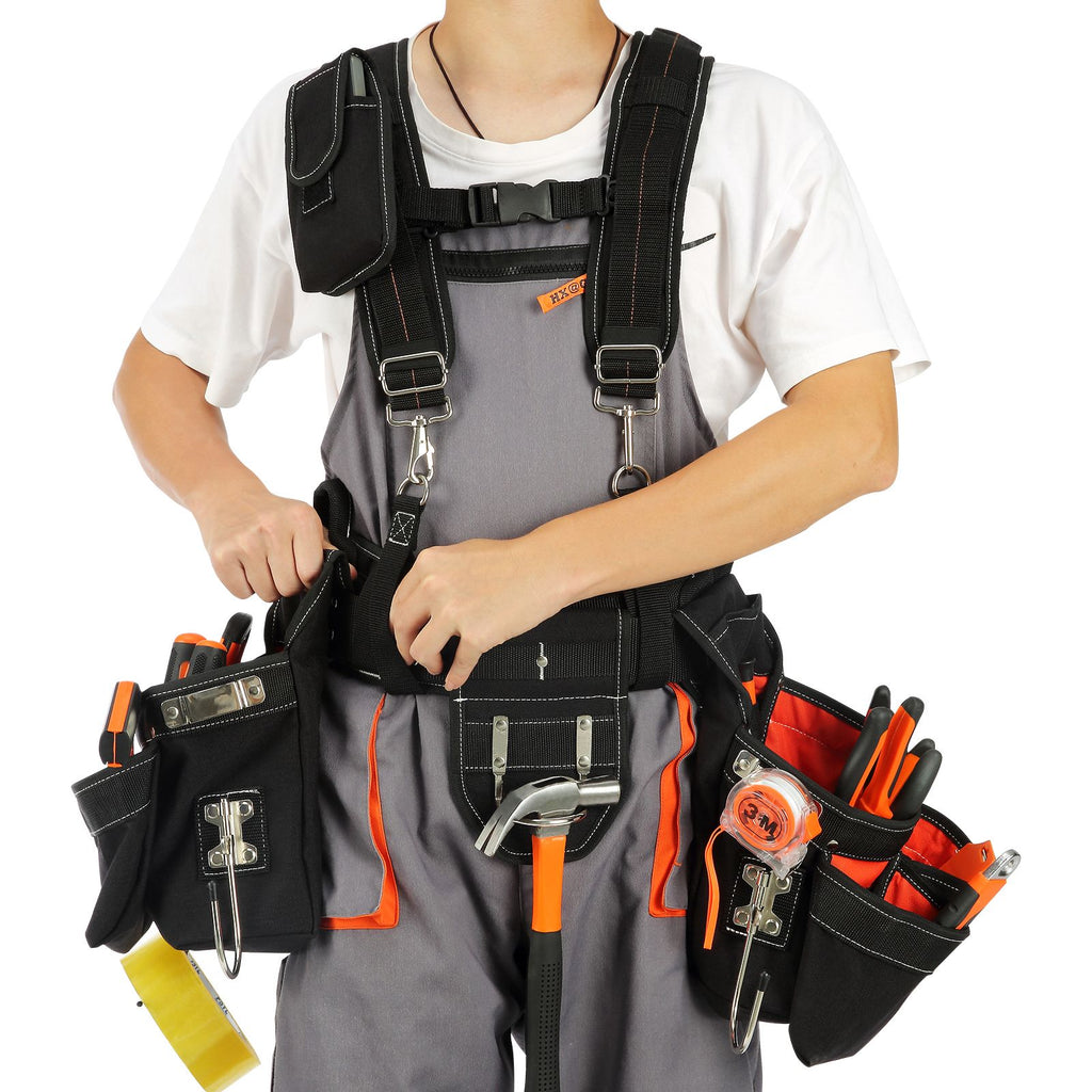 Tool Belt with Suspenders, 34 Pockets, 29-54 inches Adjustable Waist Size, Tool Belts for Men, 1250D Nylon Heavy Duty Carpenter Tool Pouch for Carpenters, Electricians, and Gardening, Black