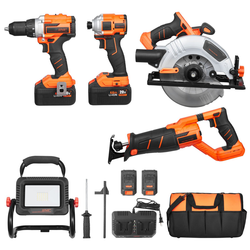 Tool Combo Kit, 20V Brushless 5-Tool Combo Kit, Cordless Power Tool Combo Kit, Cordless Drill and Impact Driver, with 4.0 Ah Batteries, Charger, Reciprocating Saw, Circular Saw, and Work Light