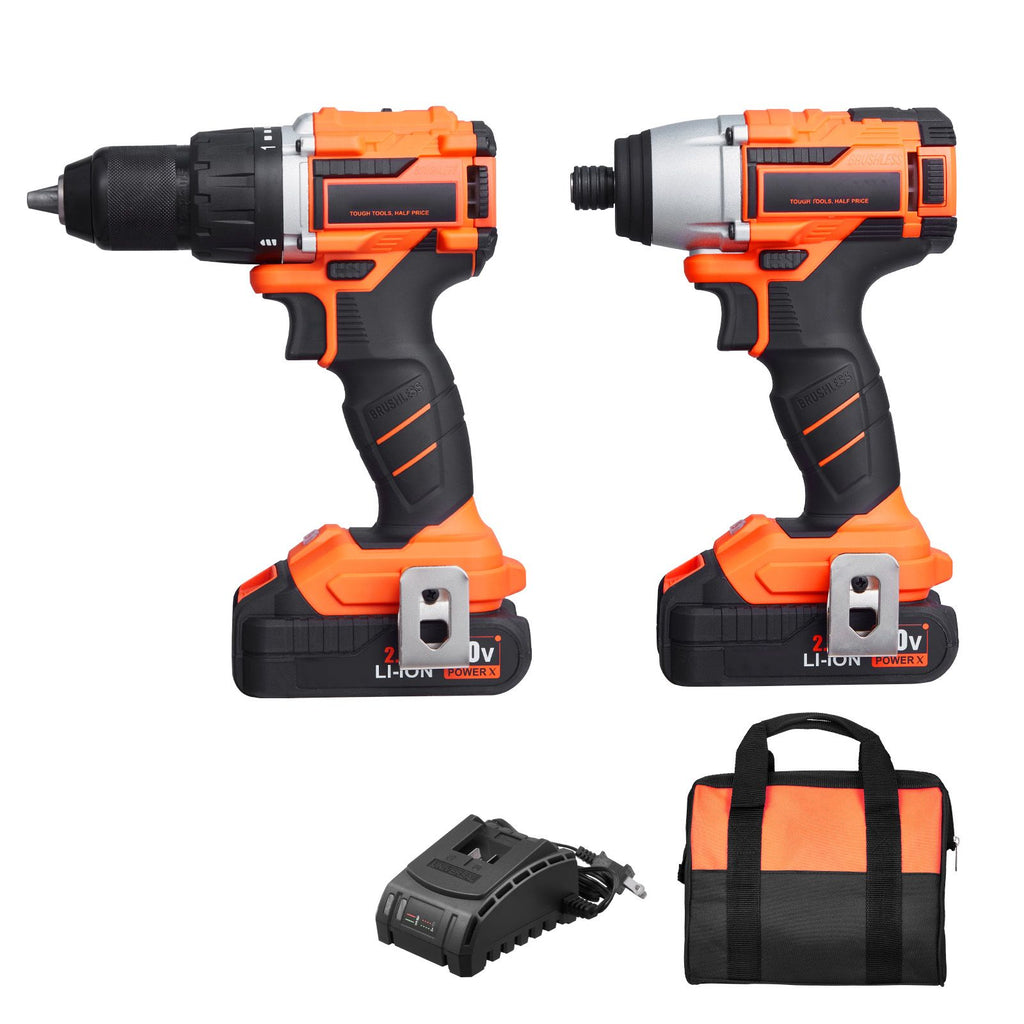 Tool Combo Kit, 20V Max Cordless 2-Tool Combo Kit, with 1/2 in Drill, 1/4 in Impact Driver, Compact Cordless Power Tool Combo Kit with 2.0 Ah Batteries, Screws, One Charger and One Cloth Bag