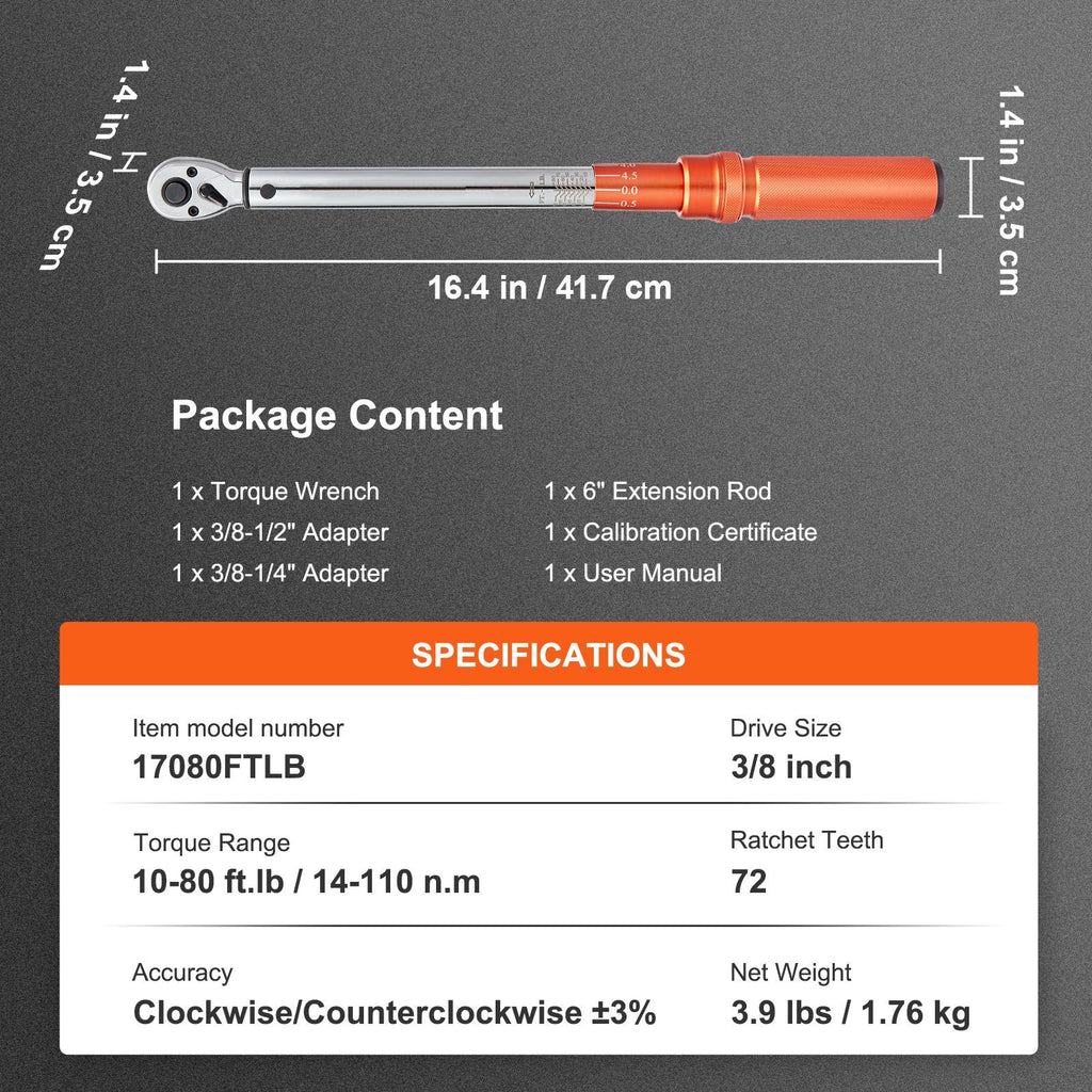 Torque Wrench, 3/8-inch Drive Click Torque Wrench 10-80ft.lb/14-110n.m, Dual-Direction Adjustable Torque Wrench Set, Mechanical Dual Range Scales Torque Wrench Kit with Adapters Extension Rod image 2