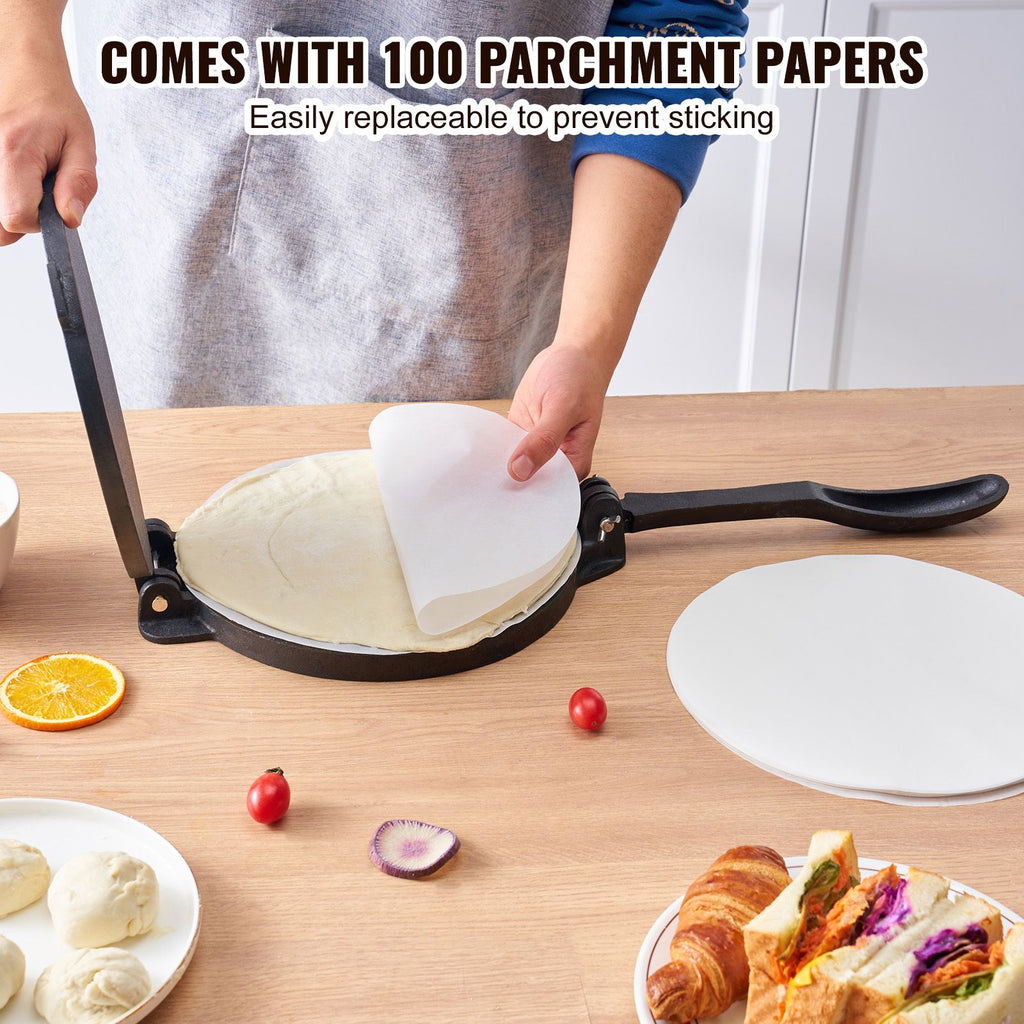 Tortilla Press, 10 Inch Tortilla and Roti Maker, Cast Iron Heavy Duty Tortilladora Press, Pre-Seasoned Pataconera Maker with 100 Pcs Parchment Paper, Dough Maker for Flour Tortilla, Tawa, Silver