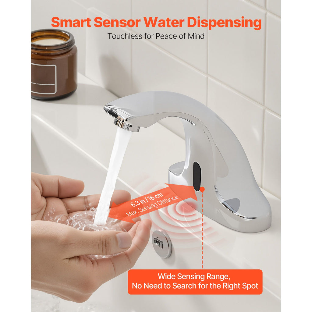 Touchless Bathroom Sink Faucet, Automatic Motion Sensor Restroom Toilet Faucet Cold Water with Hole Cover Plate, Battery Operated for 9/16 in Pipe Commercial Lavatory,Chrome Plated Silver image 2