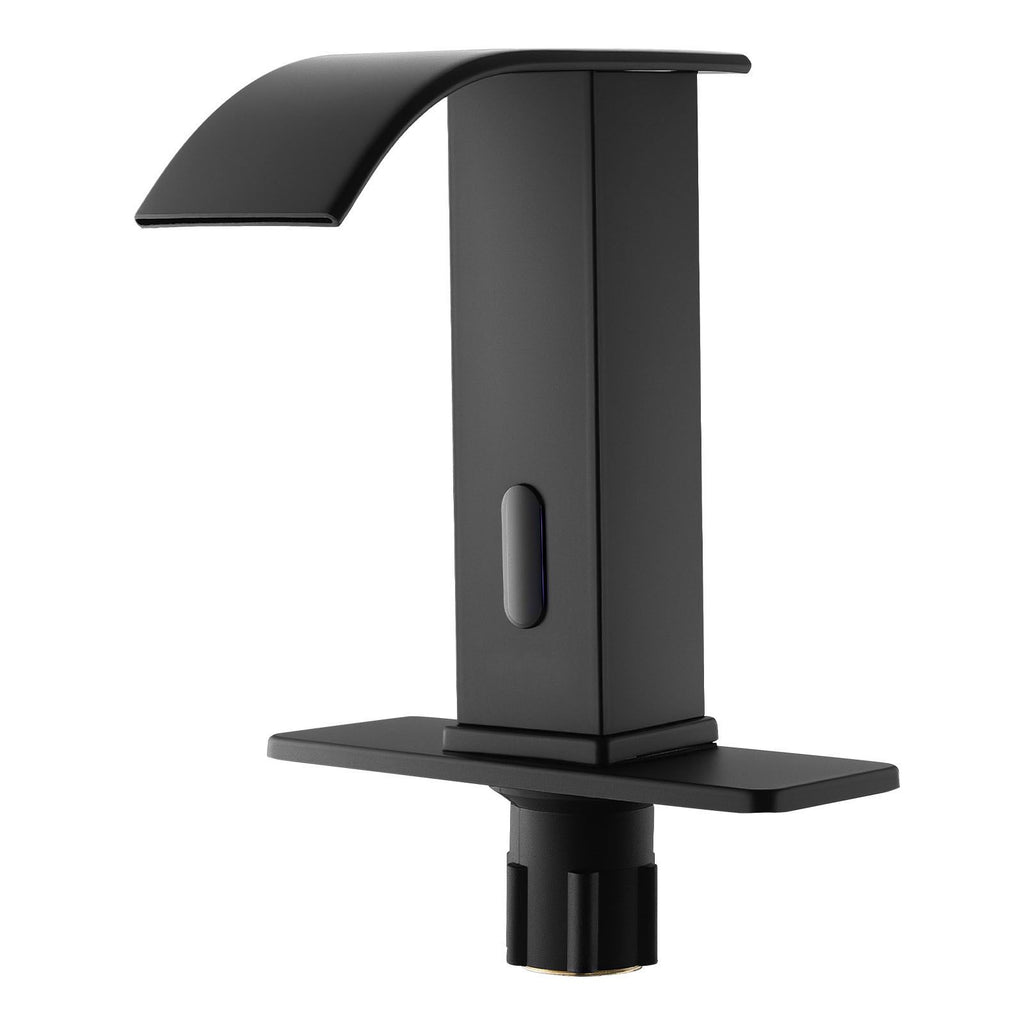 Touchless Bathroom Sink Faucet, Automatic Motion Sensor Waterfall Restroom Toilet Faucet with Hole Cover Plate, Battery Operated,Hot/Cold Water for 9/16 in Pipe Commercial Lavatory,Matte Black