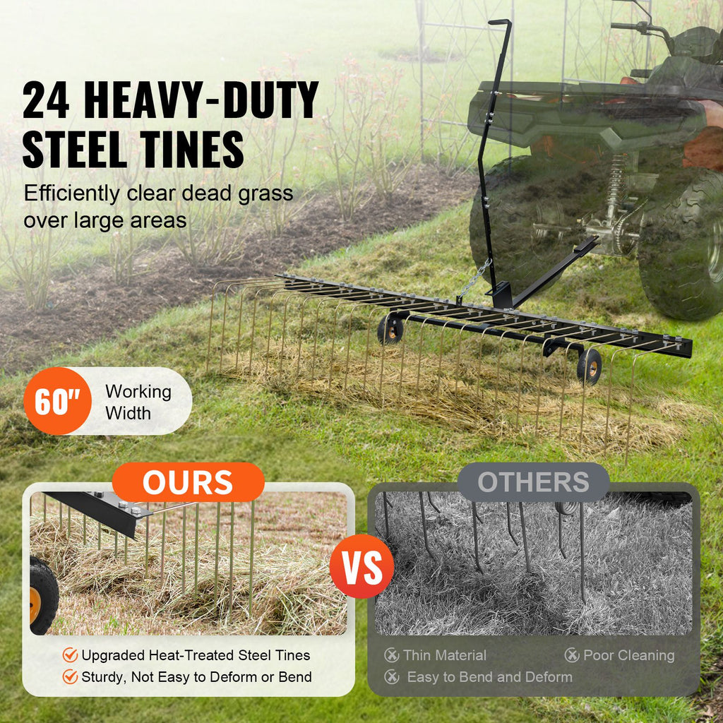 Tow Behind Dethatcher, 60-inch Tow Dethatcher with 24 Steel Tines, Lawn Dethatcher Rake for ATV or Mower, Tow Behind Lawn Rake with Lift Handle for Leaves, Pine Needles, and Grass image 2