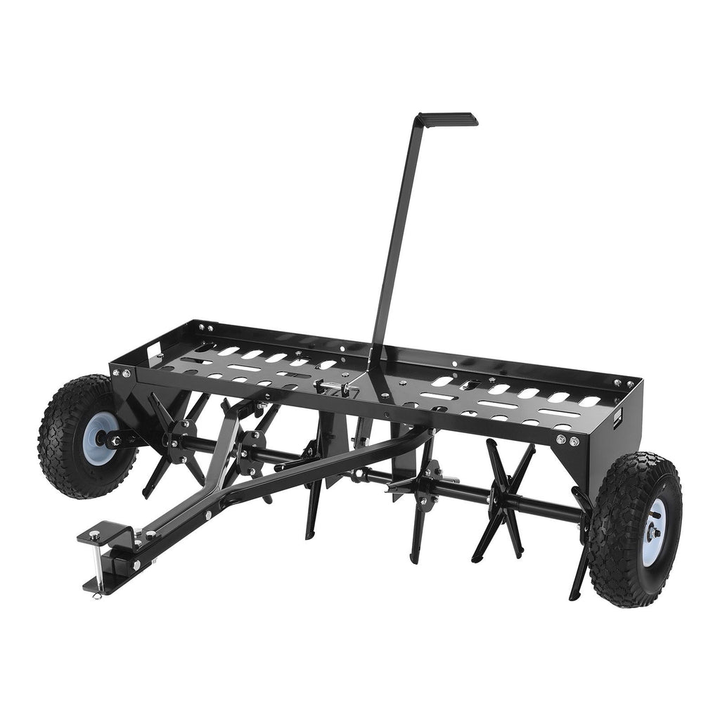 Tow Behind Plug Aerator, 40 in Lawn Core Aerator Tool Universal Hitch, 120lbs Weight Capacity, Heavy Duty & Rust-Resistant, Pull Behind Spike Aerators with Tray for Farmland & Garden Tractors