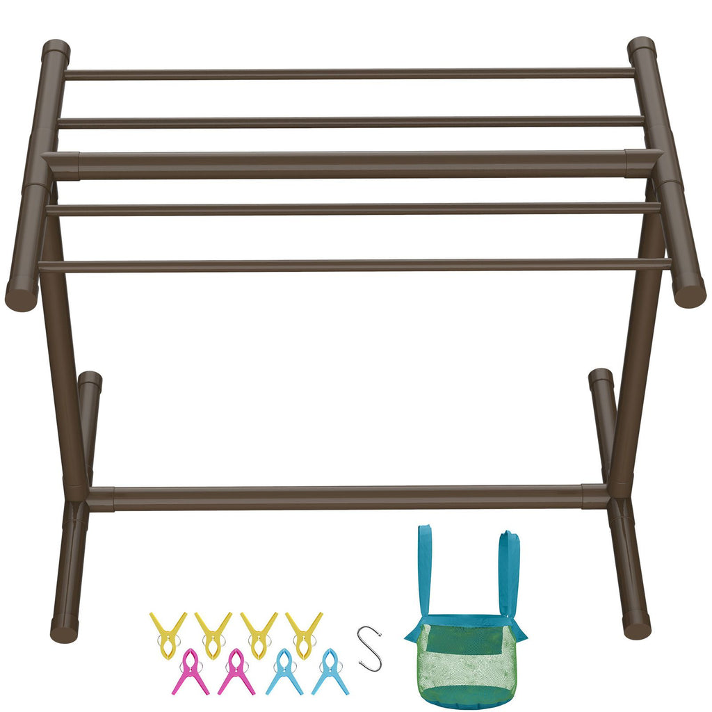 Towel Rack, 5 Bars Outdoor PVC Towel Holder, Floor Standing Pool Towel Hanger Stand with Clips, Bag & Hook, Outdoor Indoor Quilt Drying Rack Organizer, Ideal for Poolside, Bathroom, Spa, Brown