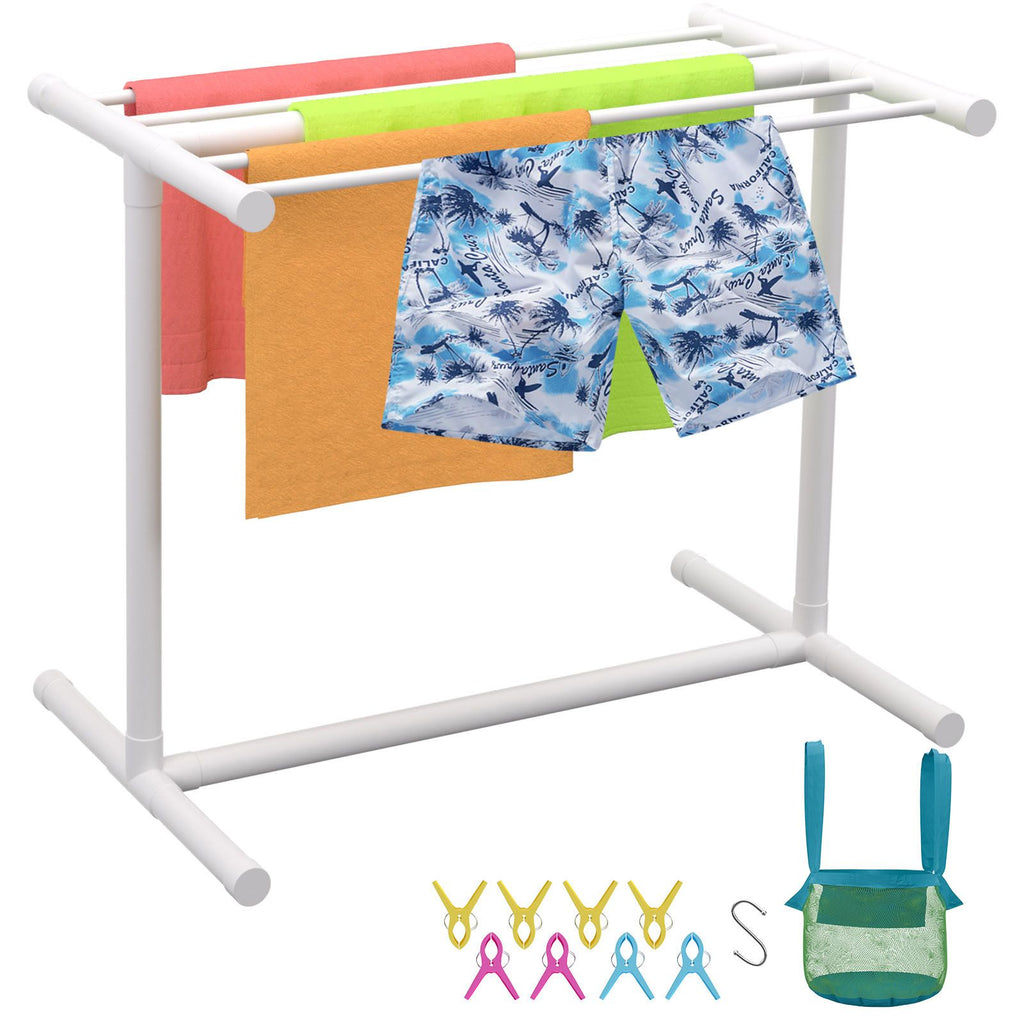 Towel Rack, 5 Bars Outdoor PVC Towel Holder, Floor Standing Pool Towel Hanger Stand with Clips, Bag & Hook, Outdoor Indoor Quilt Drying Rack Organizer, Ideal for Poolside, Bathroom, Spa, White
