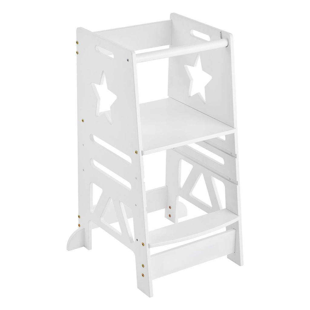 Tower Step Stool, 3-Level Height Adjustable Toddler Step Stools for Kids, Kitchen Stool Helper, Bamboo Standing Tower Learning Stool with Safety Rail for Kitchen Counter Bathroom, 350LBS, White