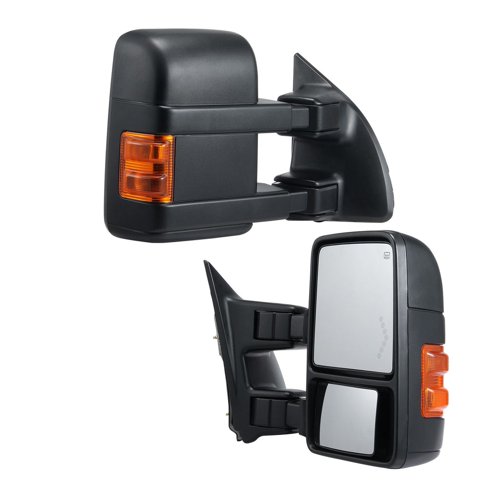 Towing Mirrors, Left & Right Pair Set for 1999-2007 Ford F250 F350 F450 F550, Power Heated with Signal Light, Plane & Convex Glass, Manual Controlling Telescoping Folding, Heating Defrost, Black
