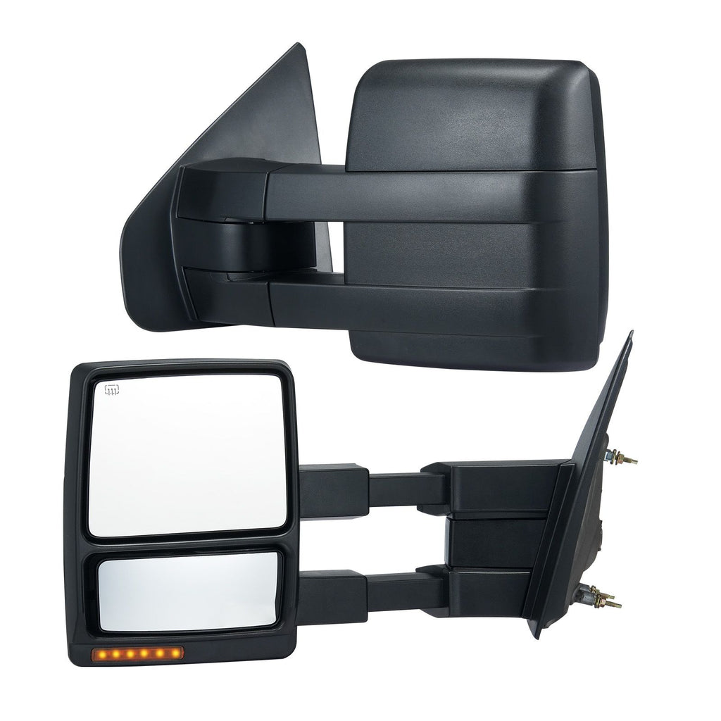 Towing Mirrors, Left & Right Pair Set for 2004-2014 Ford F150, Power Heated with Signal Light & Puddle Light, Plane & Convex Glass, Manual Controlling Telescoping Folding, Heating Defrost, Black