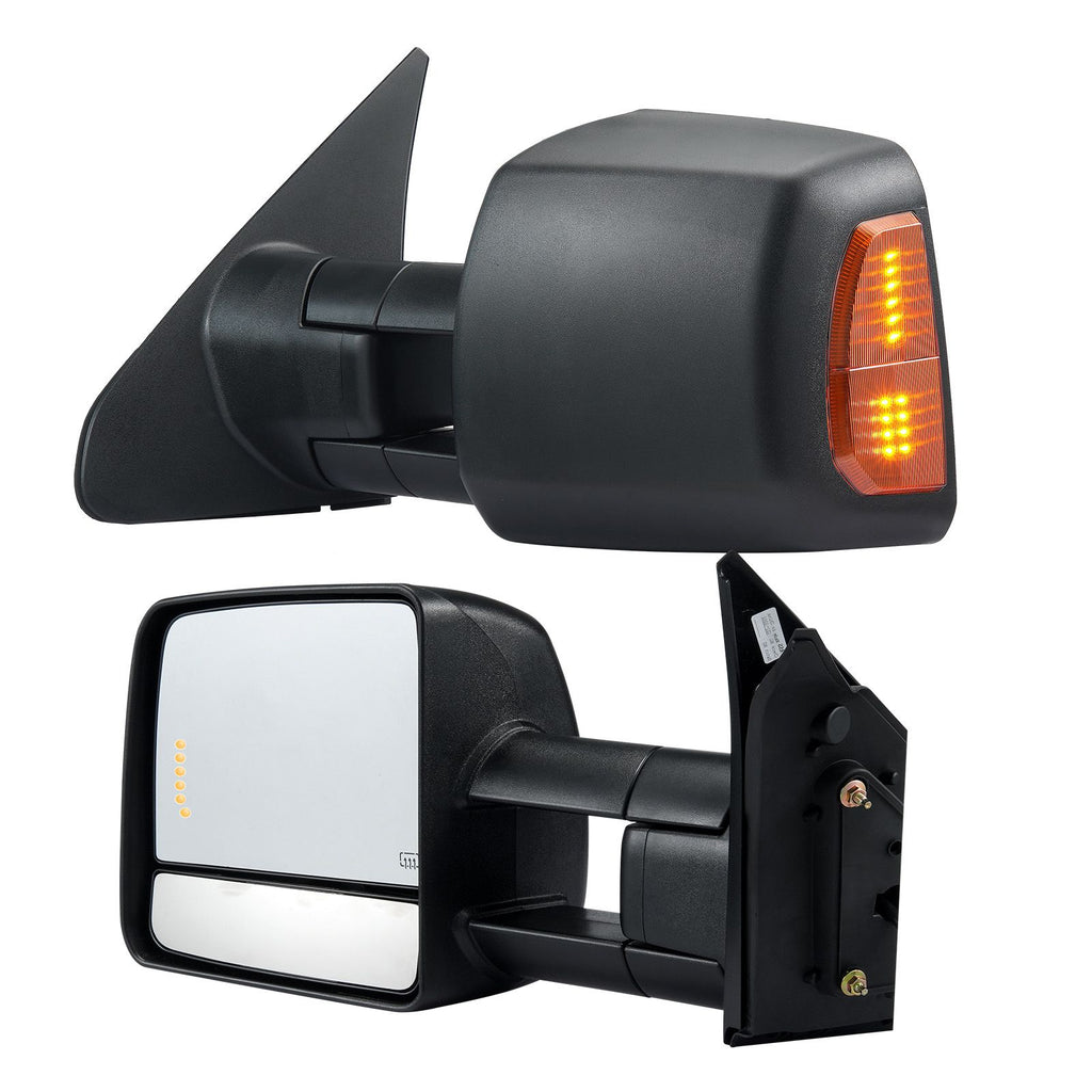 Towing Mirrors, Left & Right Pair Set for 2007-2016 Toyota Tundra, Power Heated Tow Mirror with Signal Light, Plane & Convex Glass, Manual Controlling Telescoping Folding, Heating Defrost, Black