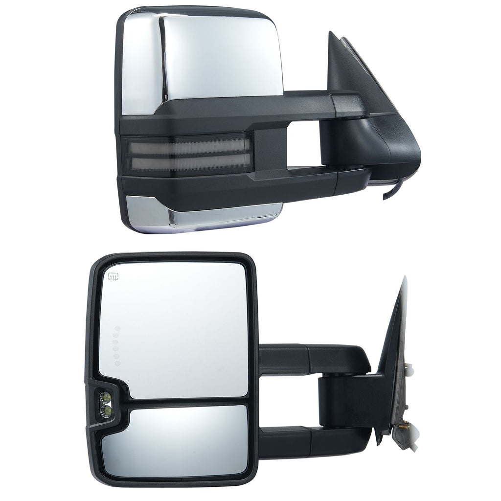 Towing Mirrors, Left & Right Pair Set for Chevrolet Silverado (2003-2007)/GMC/Cadillac, Power Heated Tow Mirror with Signal Light, Manual Controlling Telescoping Folding, Heating Defrost, Silver
