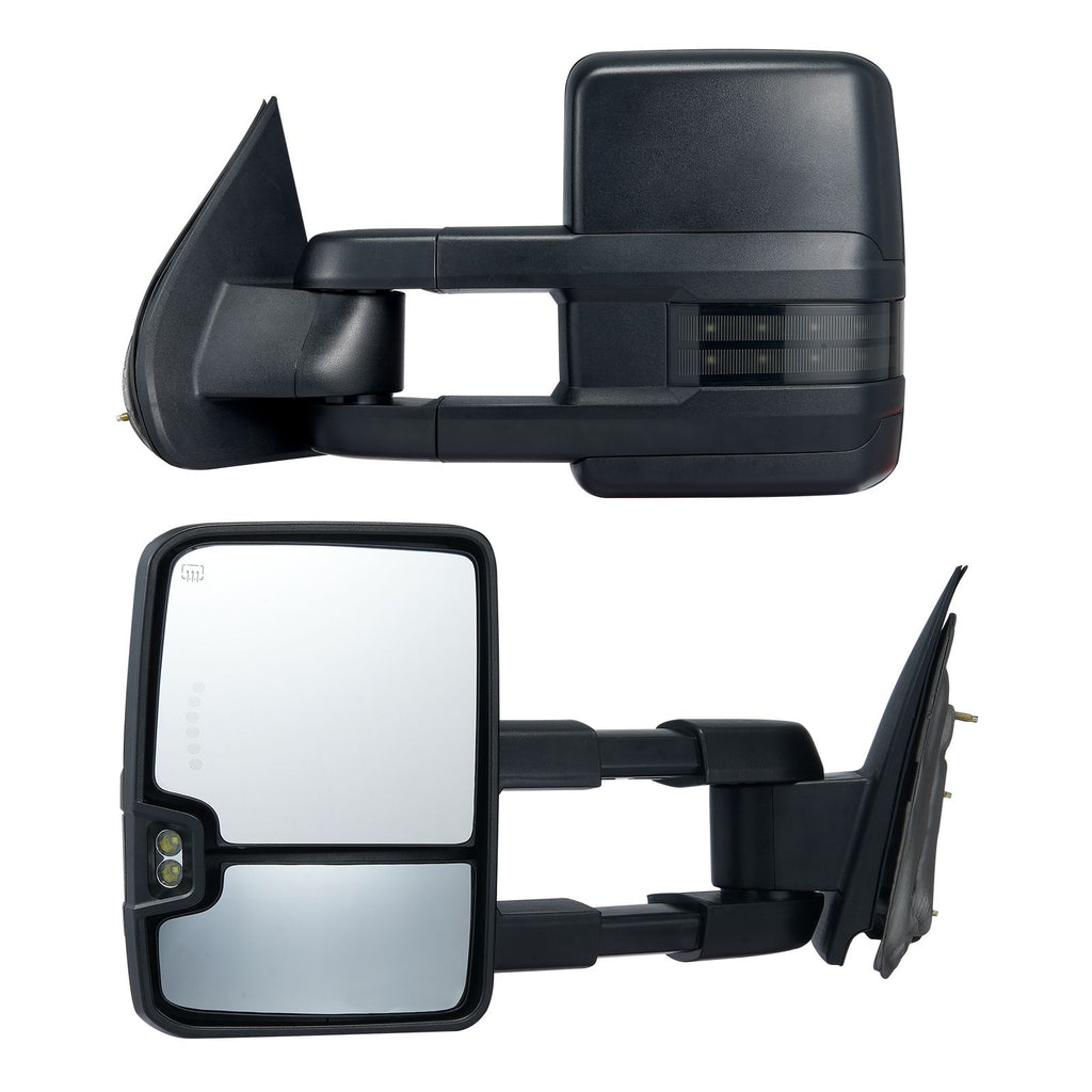 Towing Mirrors, Left & Right Pair Set for Chevrolet Silverado (2003-2007)/GMC/Cadillac, Power Heated with Signal Light & LED Driving Light, Manual Telescoping Folding, and Heating Defrost, Black