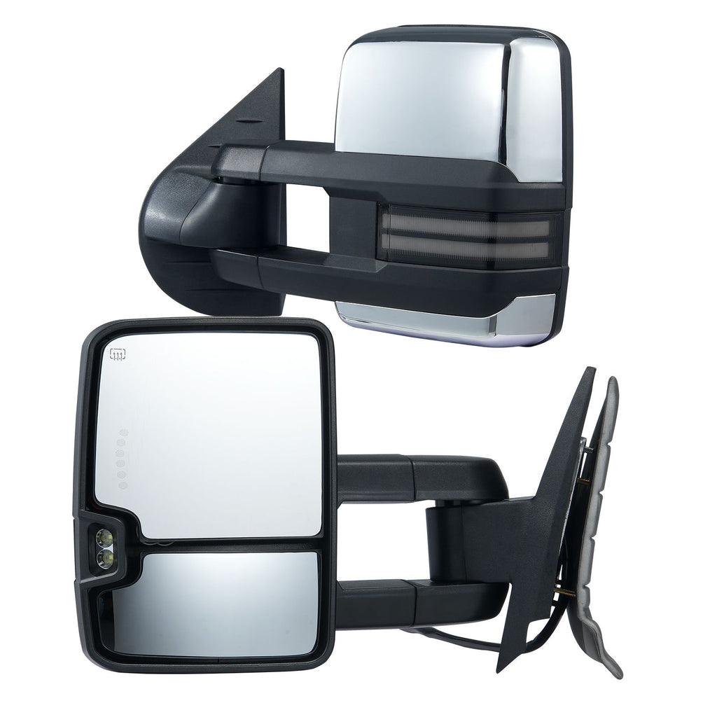 Towing Mirrors, Left & Right Pair Set for Chevrolet Silverado (2007-2014)/GMC/Cadillac, Power Heated Tow Mirror with Signal Light, Manual Controlling Telescoping Folding, Heating Defrost, Silver