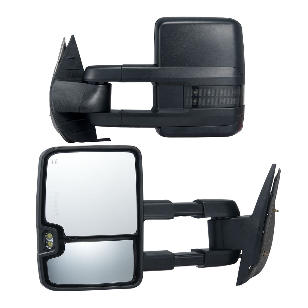 Towing Mirrors, Left & Right Pair Set for Chevrolet Silverado (2007-2014)/GMC/Cadillac, Power Heated with Signal Light & LED Driving Light, Manual Telescoping Folding, and Heating Defrost, Black
