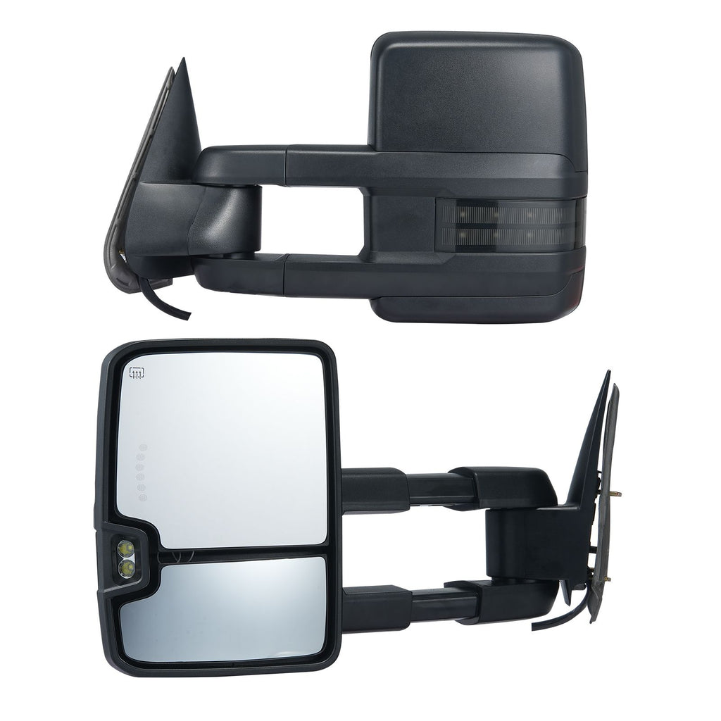Towing Mirrors, Left & Right Pair Set for Chevrolet Silverado (2014-2019)/GMC, Power Heated with Signal Light & LED Driving Light, Manual Controlling Telescoping Folding, Heating Defrost, Black