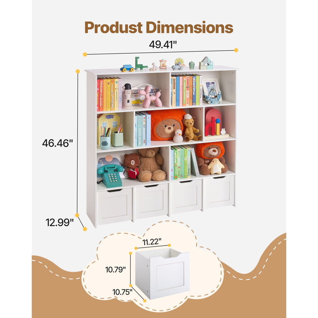 Toy Storage Organizer, Wooden Kids Bookshelf with Storage, Toy Storage Cabinet with 4 Mobile Drawers, Kids Storage Organizer for Bedroom, Nursery, Living Room, Entryway, Preschool, White image 2