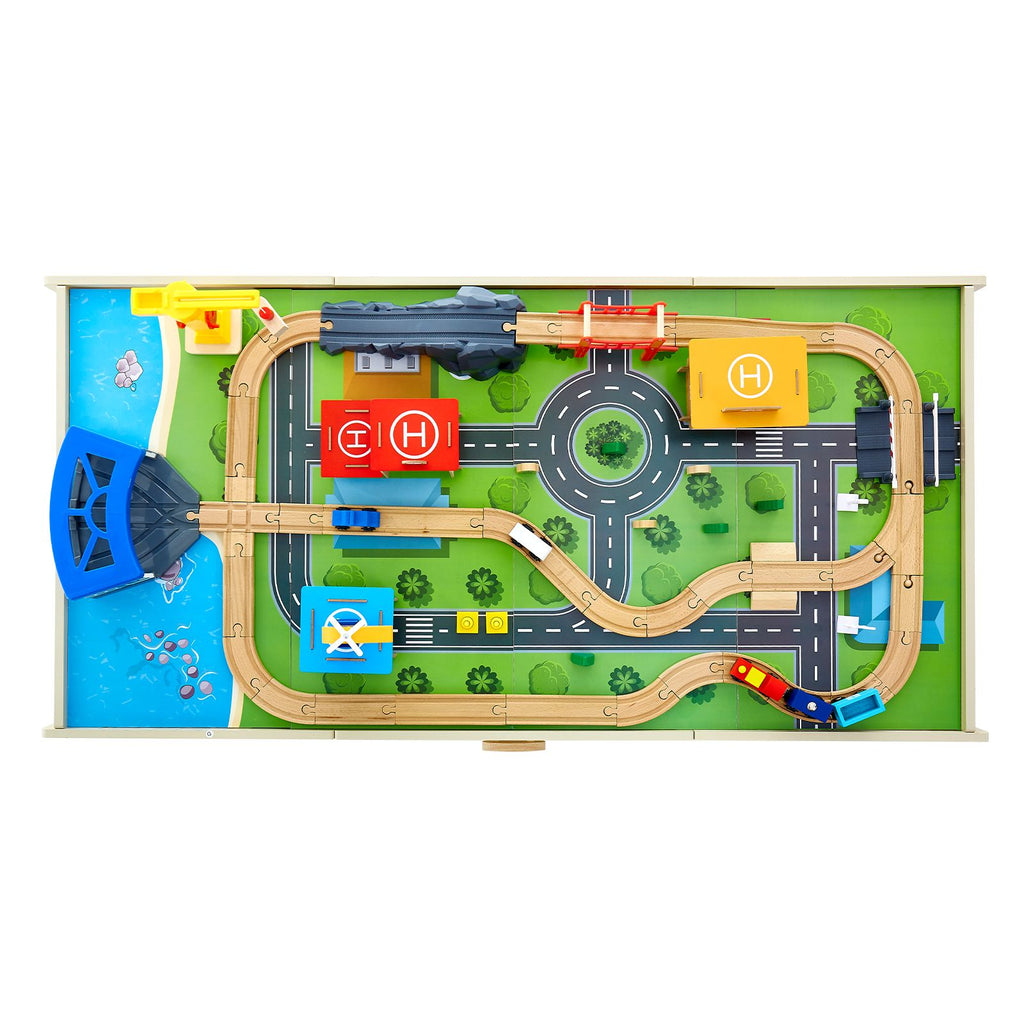 Train Table, 62 Multicolor Pieces Wooden Kids Activity Table with Large Storage Drawer, 3-in-1 Wooden Train Set for Playing, Drawing, Reading, Eating, Creative Toy Set for Kids Ages 3+