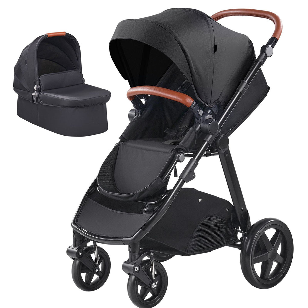 Travel System Stroller with Infant Bassinet, 2-in-1 Baby Cradle Stroller Combo, Reversible Seat, Easy One-button Folding, EVA Tires with Brake Aluminum Stroller Carseat Combo Set (Black)