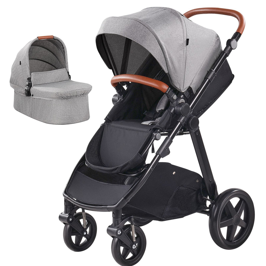 Travel System Stroller with Infant Bassinet, 2-in-1 Baby Cradle Stroller Combo, Reversible Seat, Easy One-button Folding, EVA Tires with Brake Aluminum Stroller Carseat Combo Set (Dark Gray)