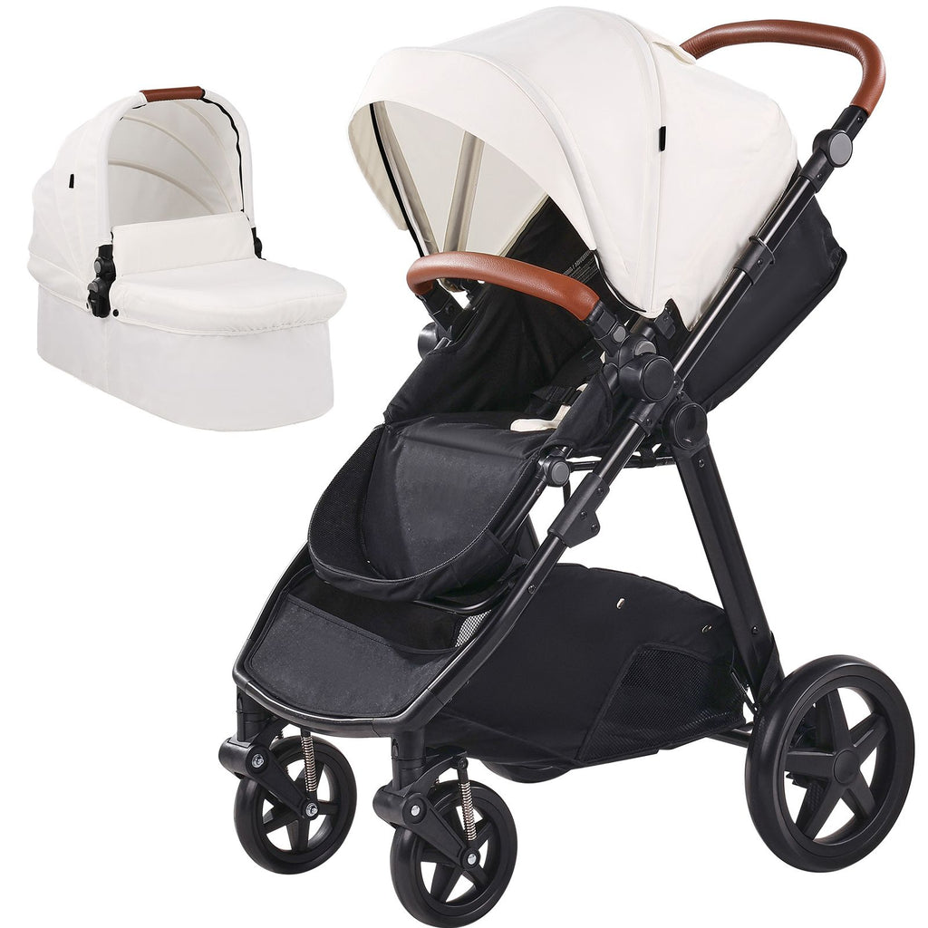 Travel System Stroller with Infant Bassinet, 2-in-1 Baby Cradle Stroller Combo, Reversible Seat, Easy One-button Folding, EVA Tires with Brake Aluminum Stroller Carseat Combo Set (White)