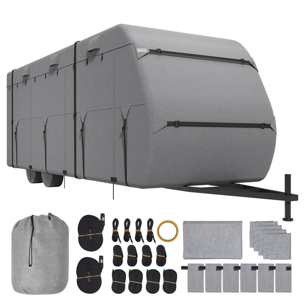Travel Trailer Cover, 18-20 ft RV Cover, 4-Layer Non-Woven Fabric Camper Cover, Waterproof, Windproof and Rip-Stop Class A RV Cover, with Storage Bag, Repair Patches, Straps and Tire Covers