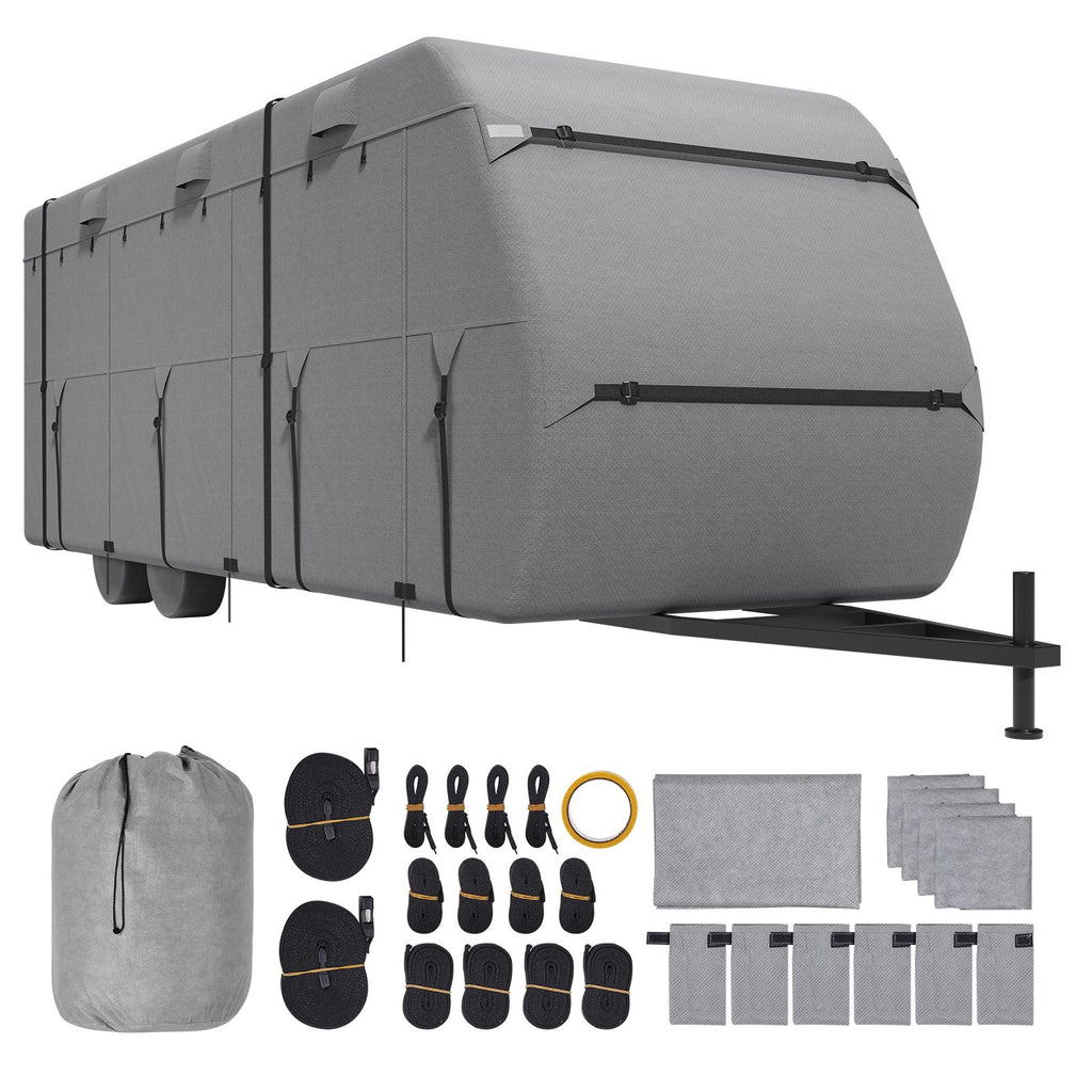 Travel Trailer Cover, 22-24 ft RV Cover, 4-Layer Non-Woven Fabric Camper Cover, Waterproof, Windproof and Rip-Stop Class A RV Cover, with Storage Bag, Repair Patches, Straps and Tire Covers