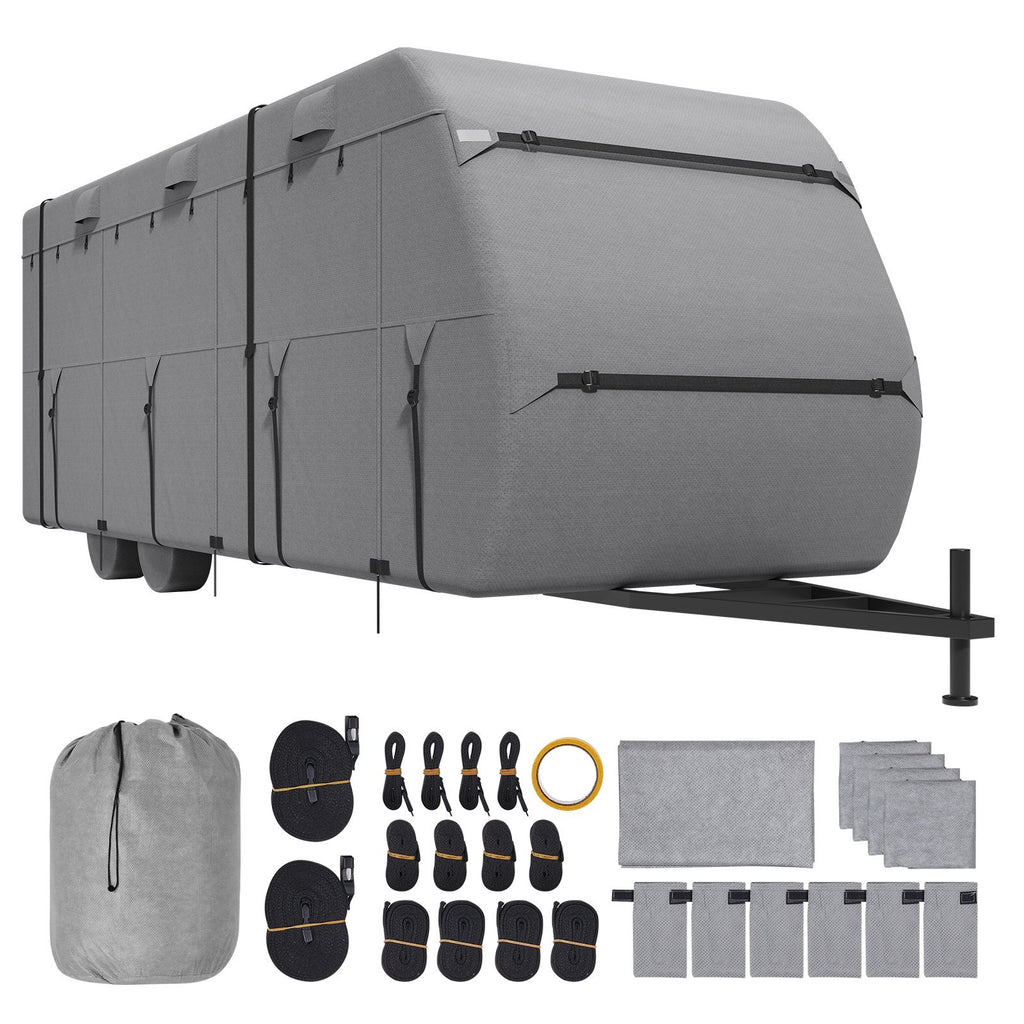 Travel Trailer Cover, 27-30 ft RV Cover, 4-Layer Non-Woven Fabric Camper Cover, Waterproof, Windproof and Rip-Stop Class A RV Cover, with Storage Bag, Repair Patches, Straps and Tire Covers