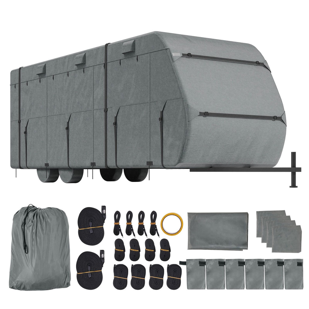 Travel Trailer Cover, 28-31 ft RV Cover, Top 300D Oxford Fabric Camper Cover, Waterproof, Windproof and Rip-Stop Class A RV Cover, with Storage Bag, Repair Patches, Straps and Tire Covers