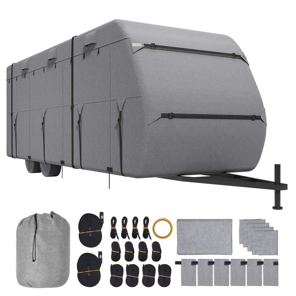 Travel Trailer Cover, 30-33 ft RV Cover, 4-Layer Non-Woven Fabric Camper Cover, Waterproof, Windproof and Rip-Stop Class A RV Cover, with Storage Bag, Repair Patches, Straps and Tire Covers