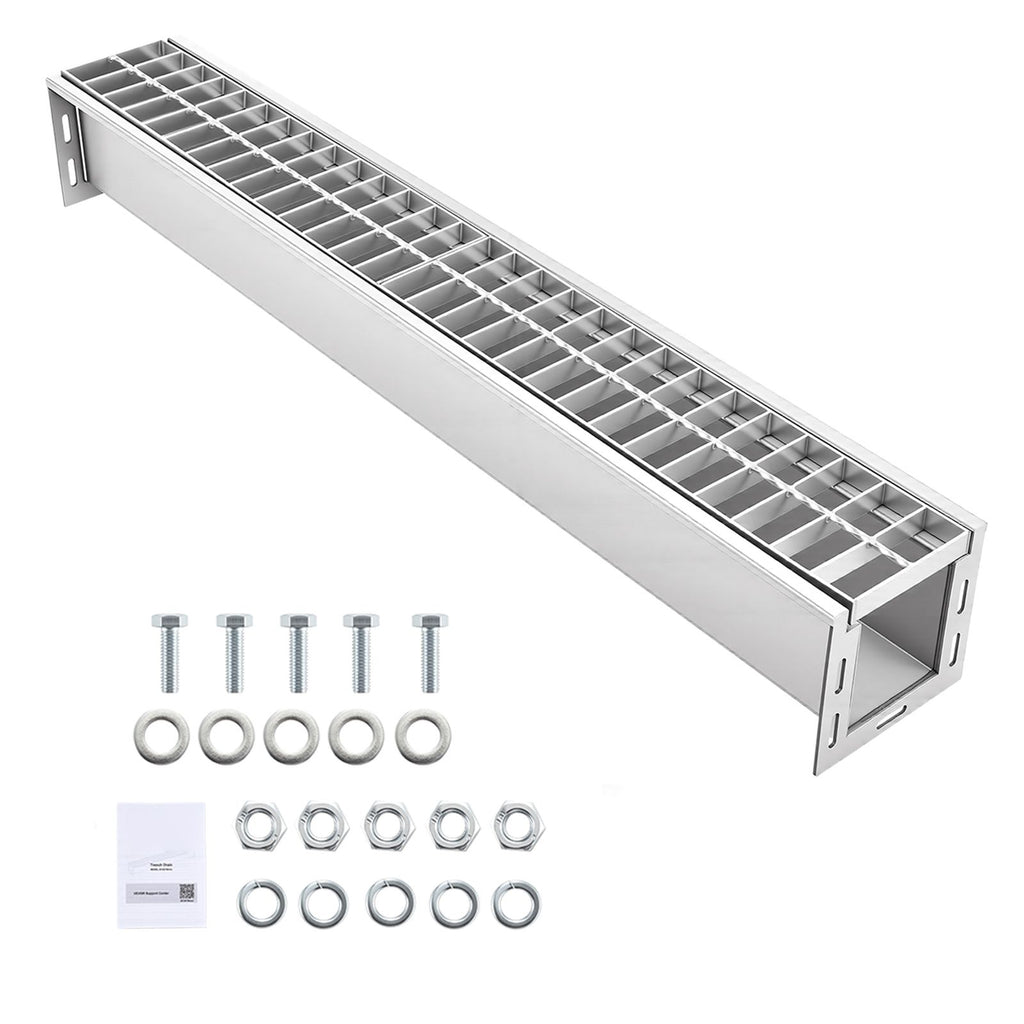 Trench Drain, 39.3 x 5.8 x 5.5 in, Linear Drainage Channel with Galvanized Steel Grate, 304 Stainless Steel Channel Drain, Outdoor Drainage System for Driveway, Patio, Pool, Garden, Silver