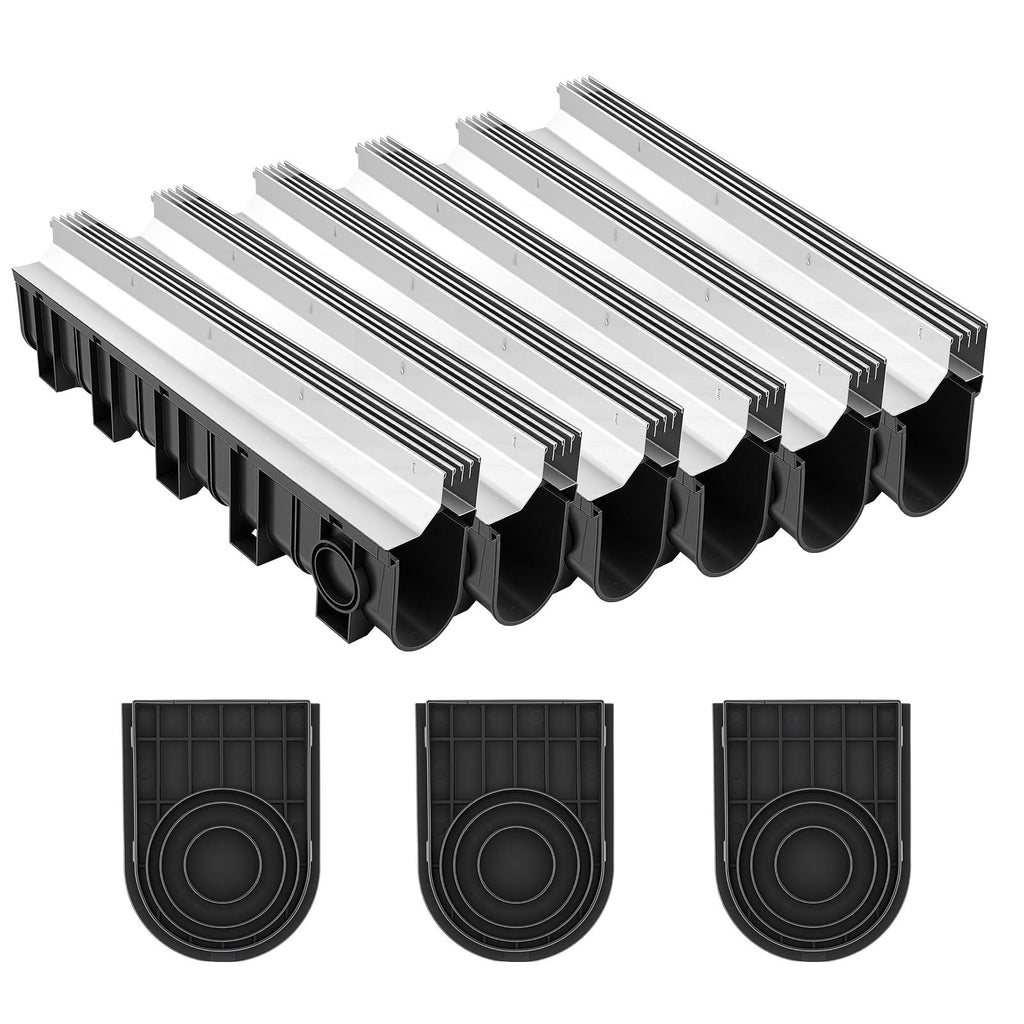 Trench Drain, 39.7 x 5.8 x 7.4 in, 3 Pack Linear Drainage Channel with Stainless Steel Grate, HDPE Channel Drain, Outdoor Drainage System for Driveway, Patio, Pool, Garden, Black & Silver