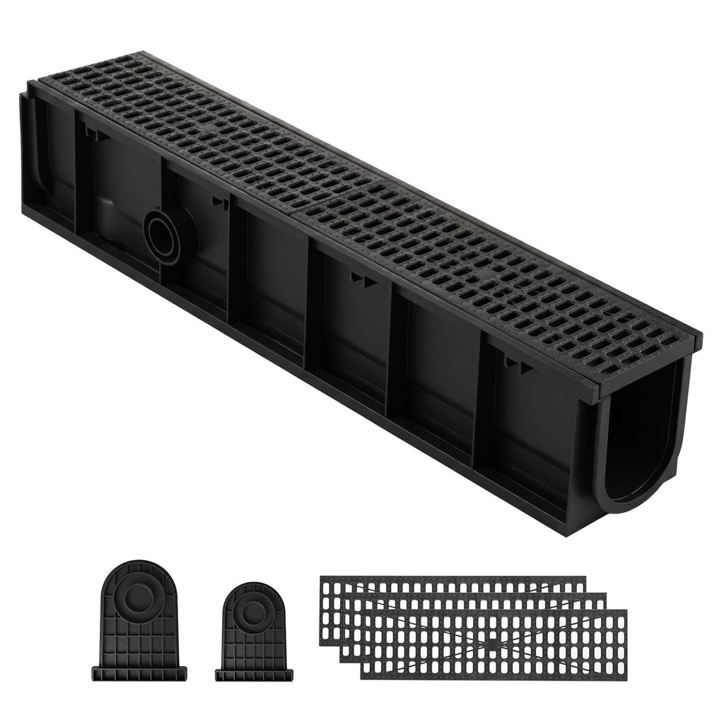 Trench Drain, 40.1 x 6.1 x 8.0 in, 4 Pack Linear Drainage Channel, HDPE Channel Drain with Grates & End Caps, Premium Outdoor Drainage System for Driveway, Patio, Pool, Garden, Yard, Black
