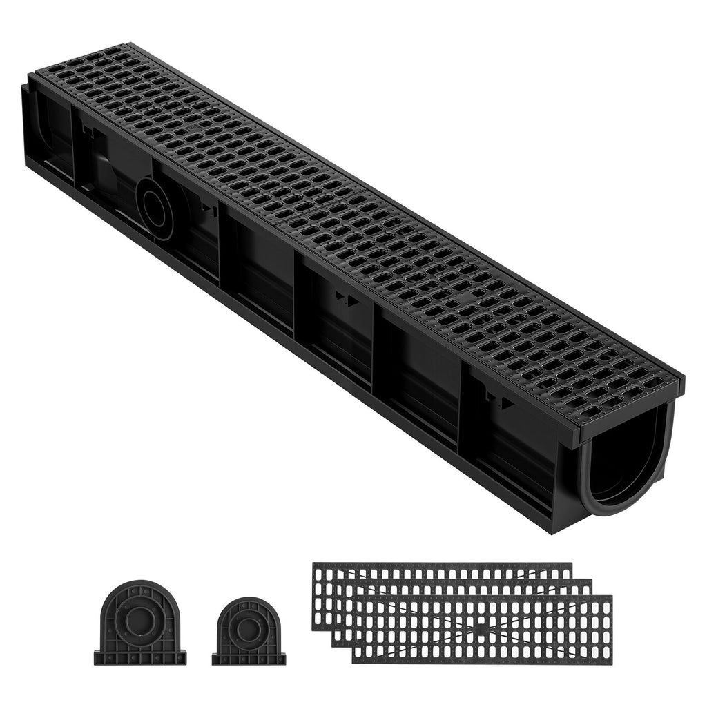Trench Drain, 40.2 x 6.6 x 5.5 in, 6 Pack Linear Drainage Channel, HDPE Channel Drain with Grates & End Caps, Premium Outdoor Drainage System for Driveway, Patio, Pool, Garden, Yard, Black