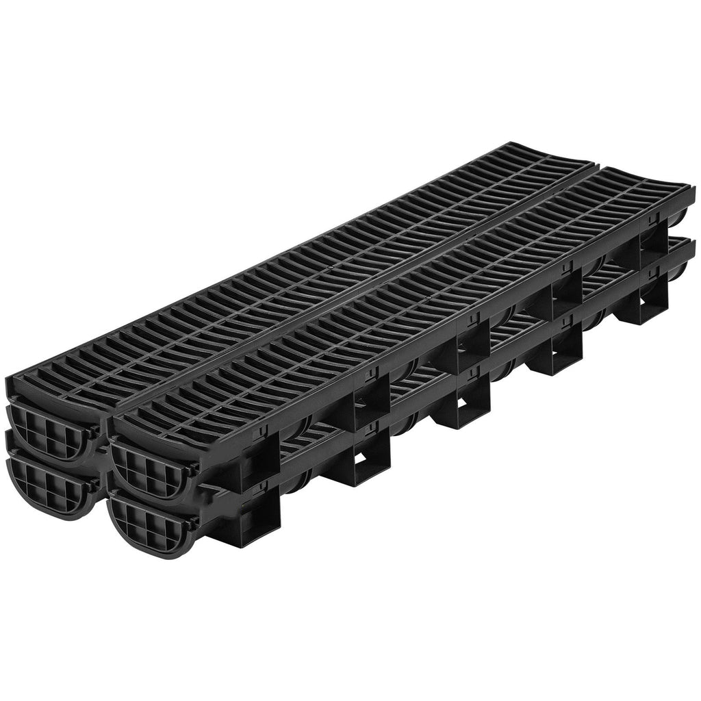 Trench Drain System, Channel Drain with Plastic Grate, 5.7x3.1-Inch HDPE Drainage Trench, Black Plastic Garage Floor Drain, 4x39 Trench Drain Grate, with 4 End Caps, for Garden, Driveway-4 Pack