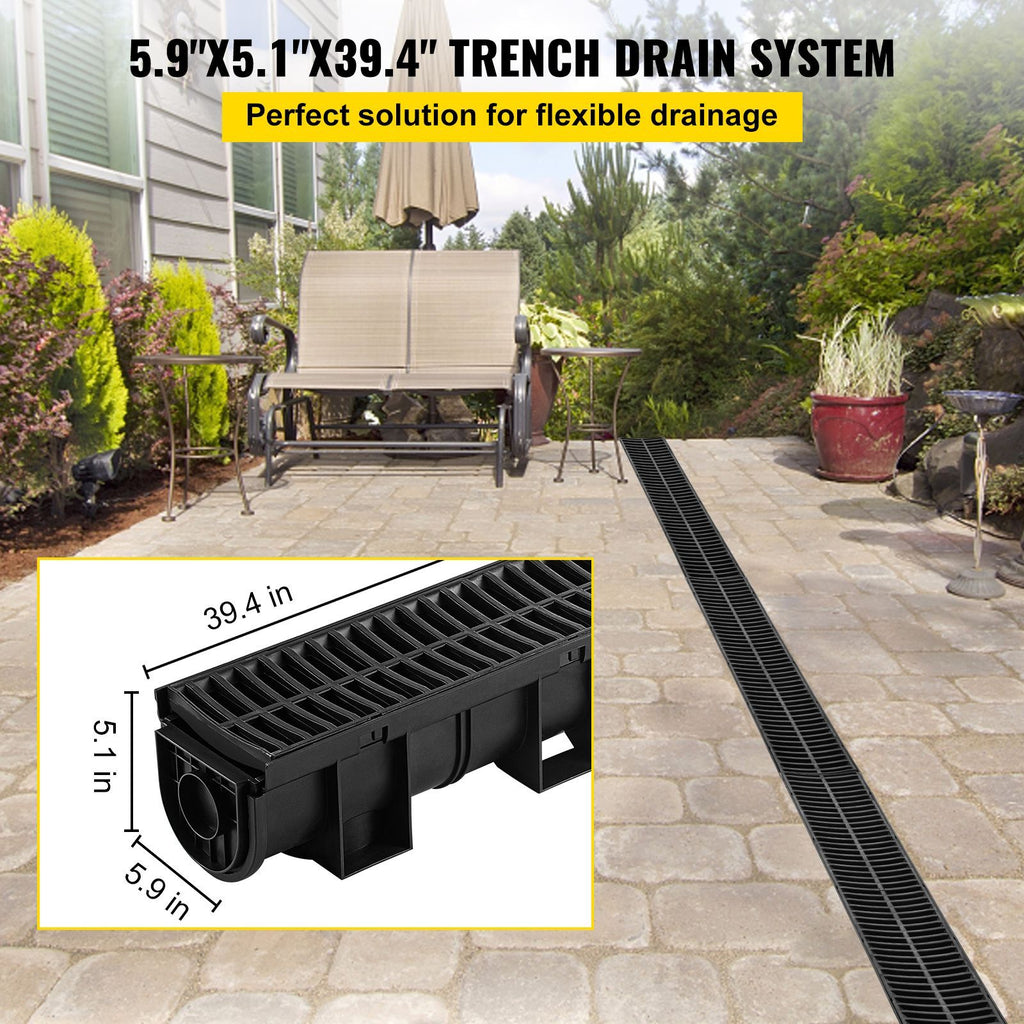 Trench Drain System, Channel Drain with Plastic Grate, 5.9x5.1-Inch HDPE Drainage Trench, Black Plastic Garage Floor Drain, 6x39 Trench Drain Grate, with 6 End Caps, for Garden, Driveway-6 Pack