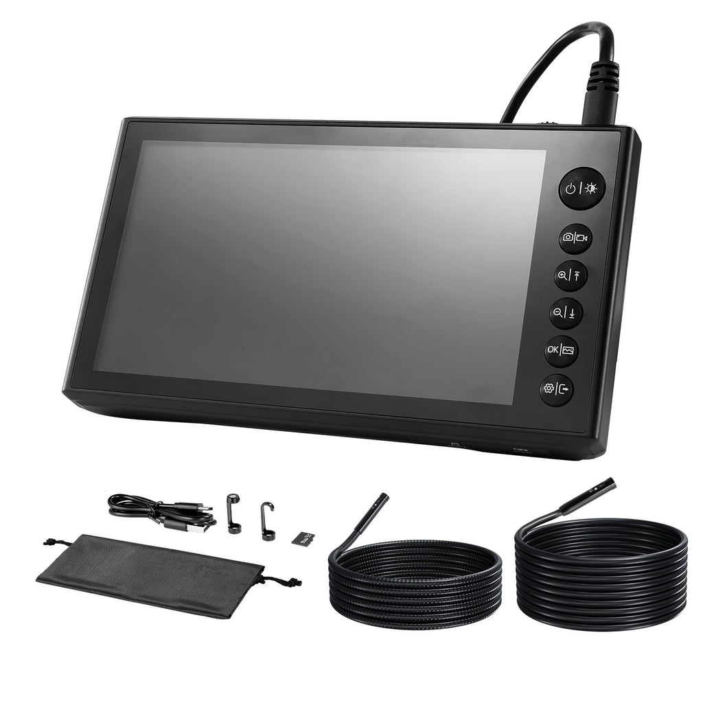 Triple Lens Endoscope with Dual-Cable Setup, Industrial Borescope with Light, 7" HD IPS Spilt-Screen, 8 + 2 LEDs, 8X Zoom, IP67 Waterproof Snake Camera for Auto, Plumbing (16.4FT + 9.8FT Cables)