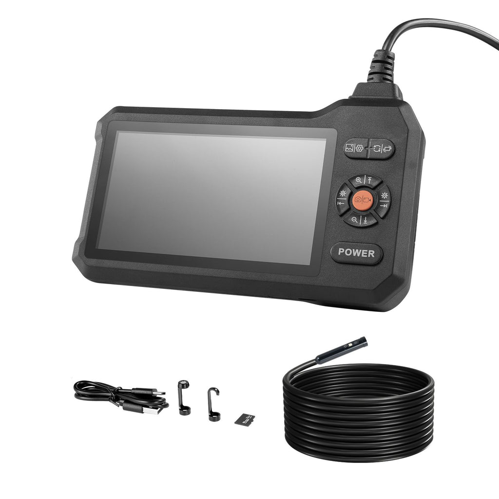 Triple Lens Endoscope with Light, 5" HD IPS Screen Industrial Borescope, 1280 x 720 Lens, 8 + 2 LEDs, 8X Zoom, IP67 Waterproof Inspection Snake Camera for Auto, Plumbing (16.4FT Rigid Cable)