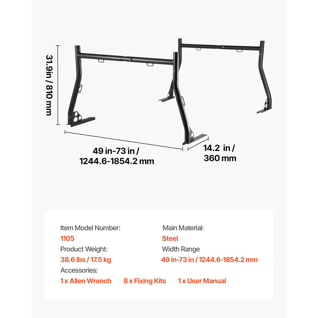 Truck Ladder Rack, 49-73 in Width, Extendable Universal Cargo Rack, Heavy Duty Steel with 800 lbs Static Load Capacity, Ideal for Canoes, Surfboards, Ladders, Lumber, Tents, and Large Cargo