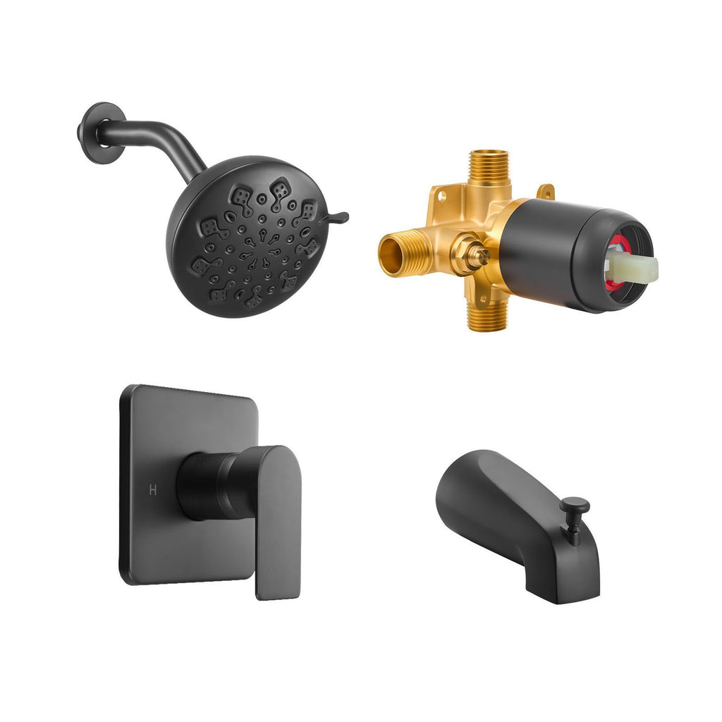 Tub and Shower Faucet Set, 5-Inch Rainfall Shower Head and Bathtub Spout, Complete Single-Handle Tub Trim Kit with Brass Pressure Balancing Valve, 8-Setting Adjustable Spray Modes, Matte Black