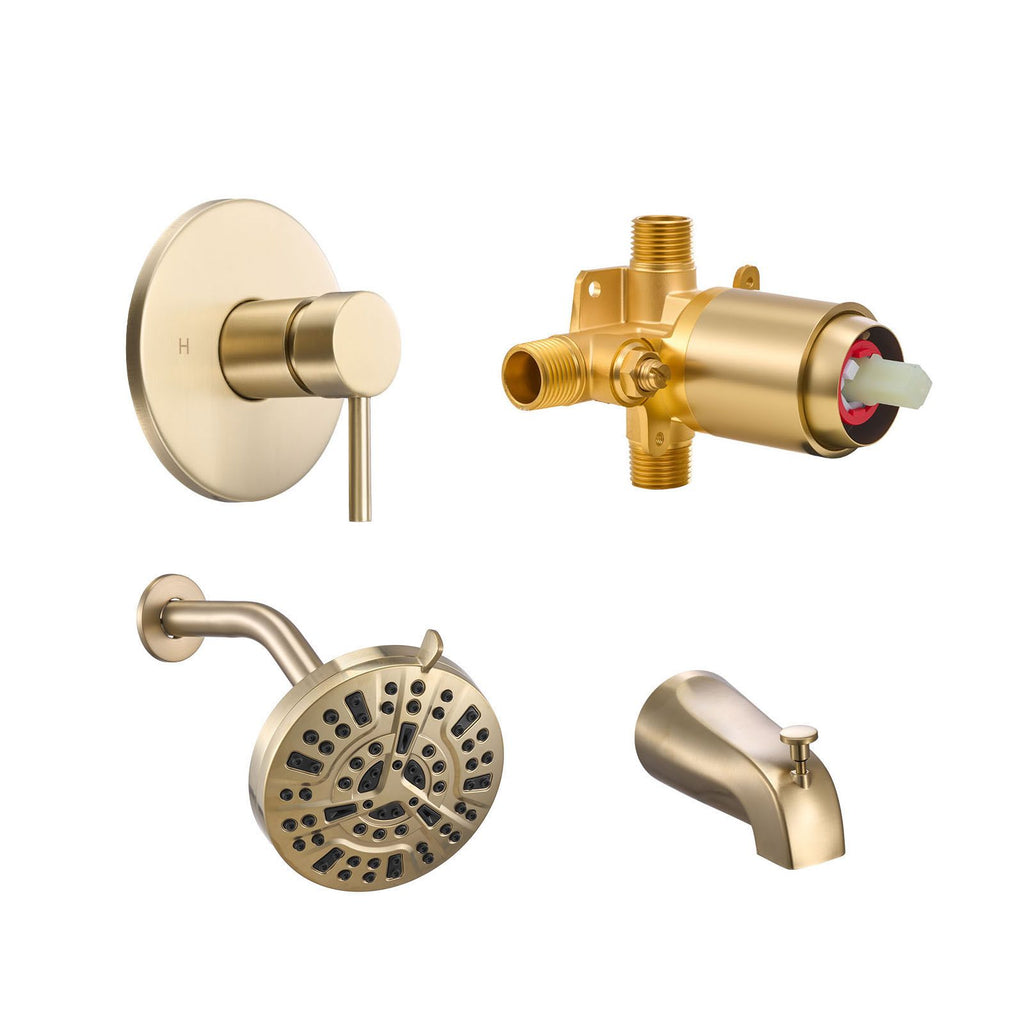 Tub and Shower Faucet Set, Complete with 5-Inch Rainfall Shower Head and Bathtub Spout, 8-Setting Adjustable Spray, Single-Handle Tub Trim Kit with Brass Pressure Balancing Valve, Gold Finish