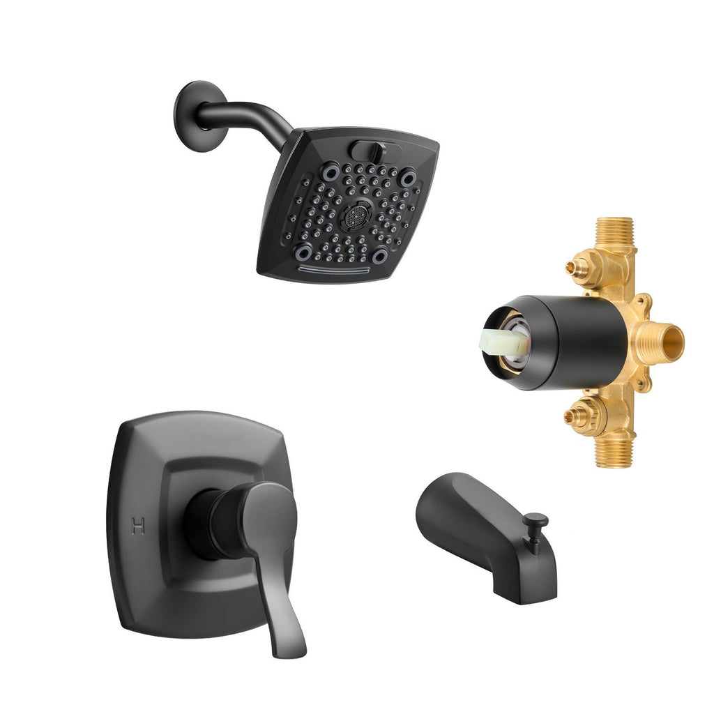 Tub and Shower Faucet Set, Complete with 5.1-Inch Rainfall Shower Head and Bathtub Spout, 5-Setting Adjustable Spray, Single-Handle Tub Trim Kit with Brass Pressure Balancing Valve, Matte Black