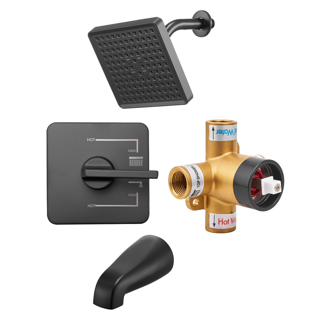 Tub and Shower Faucet Set, Complete with 6-Inch Rainfall Shower Head and Bathtub Spout, Single-Spray Single-Handle Tub Trim Kit with 304 Stainless Steel Valve Trim for Bathrooms, Matte Black
